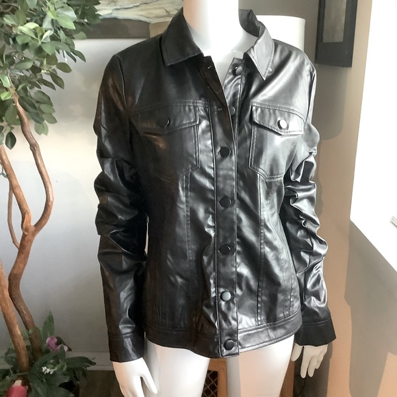 A.Z.I Tops - A.Z.I New York Vegan Leather Button-Down Shirt with Ruched Sleeves